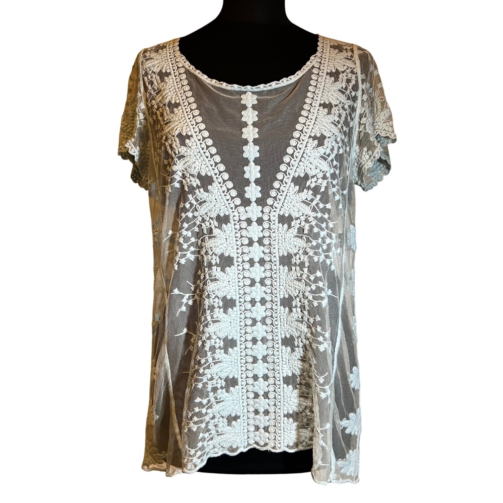 Sundance Mesh Embroidered Floral Lace Boho Top in Light Blue, Women's Medium